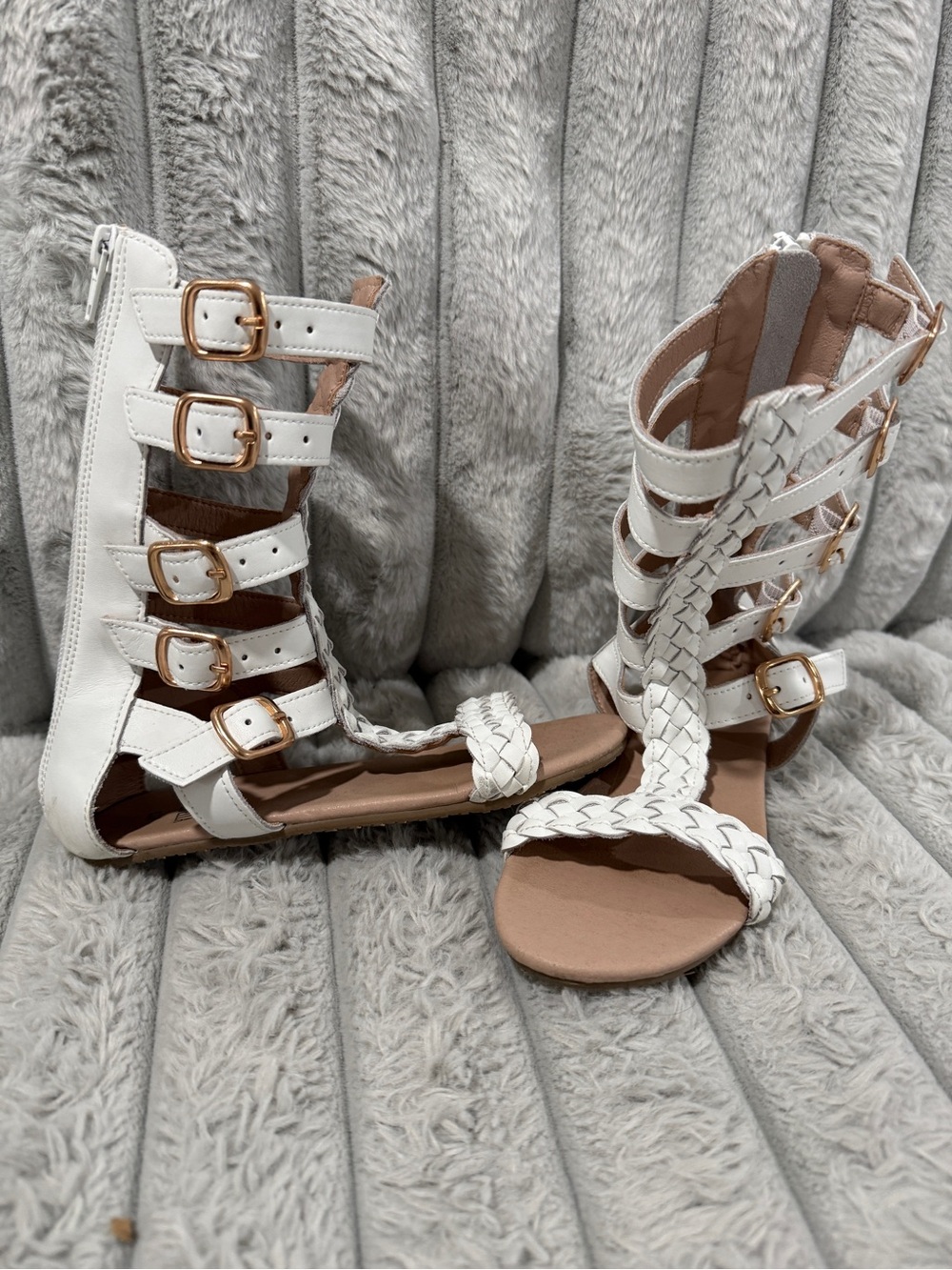Girls' White Braided Gladiator Sandals with Buckle Straps